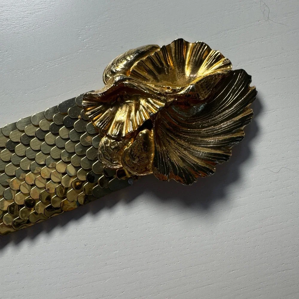 Accessocraft NYC vtg Gold Scale Belt Floral Buckle 1980s Statement Maximalist